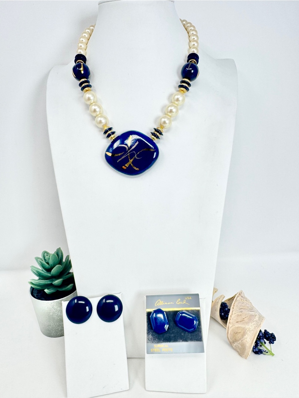Vintage Allison Reed Cobalt Blue and Faux Pearl Statement Necklace Earrings Set